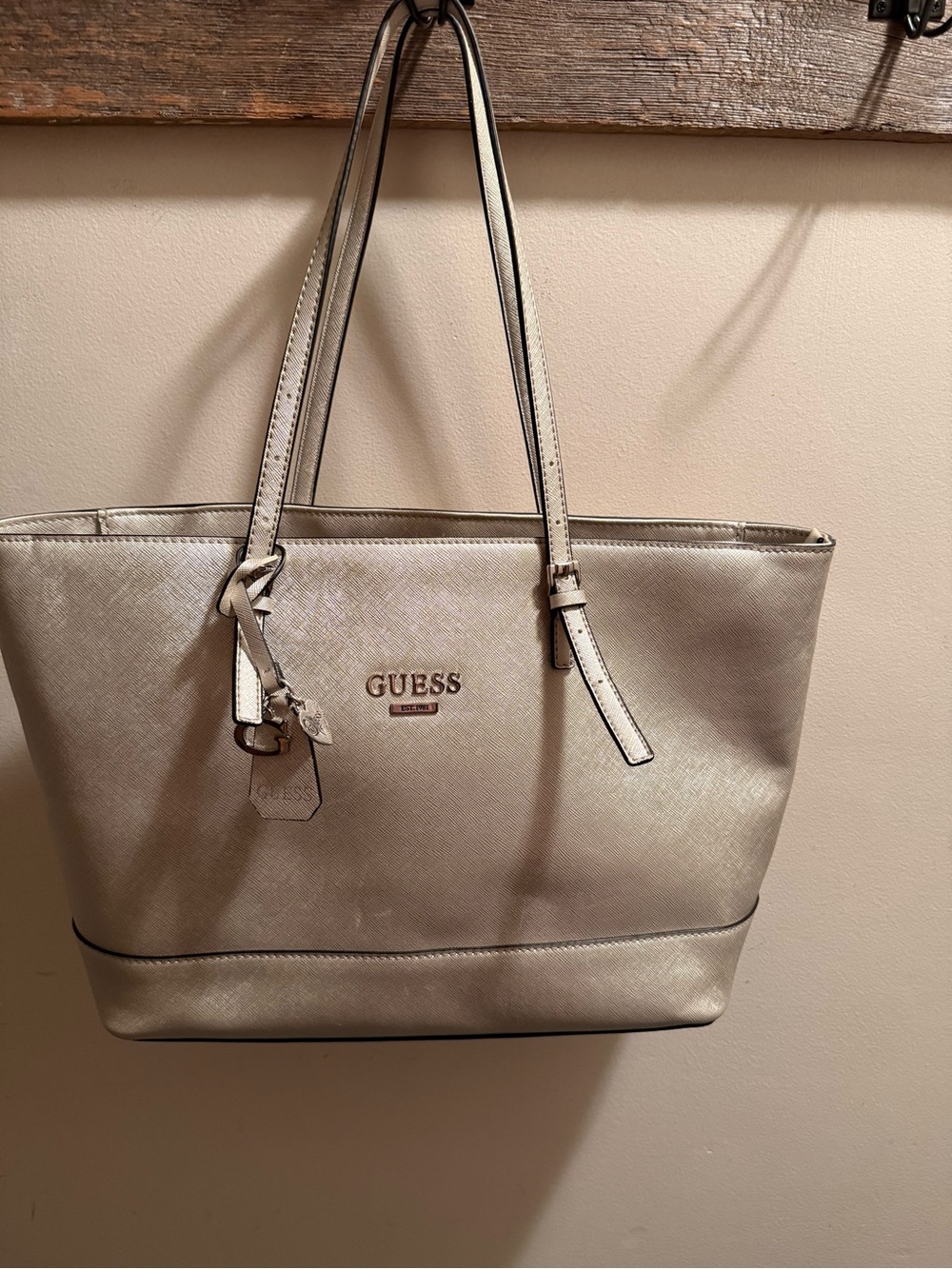 GUESS Silver Metallic Tote Bag with Gold Logo
